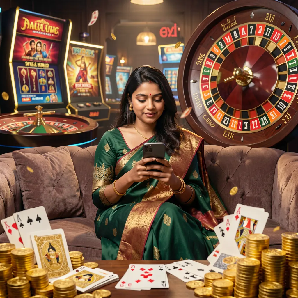 Focused Bangladeshi player using the FG8 mobile casino app on a couch surrounded by glowing roulette wheels playing cards and falling gold coins