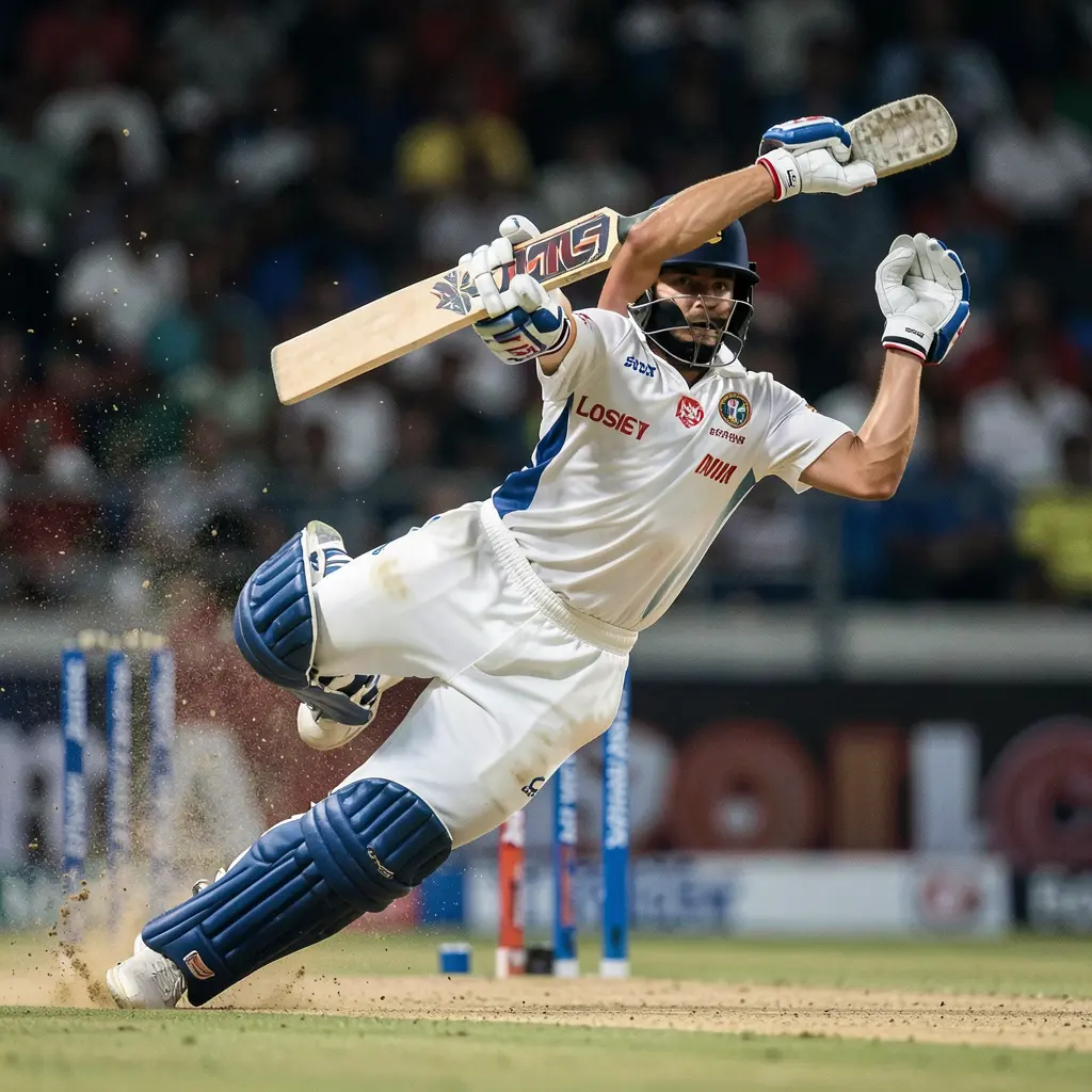 Dynamic slow motion moment of a cricket batsman diving to make ground while facing fast bowling highlighting intense cricket betting on FG8 in Bangladesh