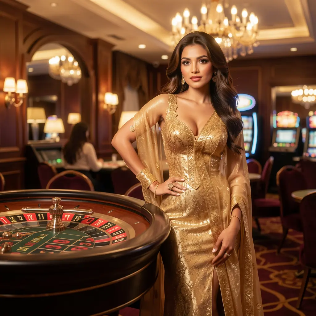 Luxurious casino scene with a glamorous woman in a gold dress standing at a roulette table, highlighting the premium gaming atmosphere offered by FG8 in Bangladesh