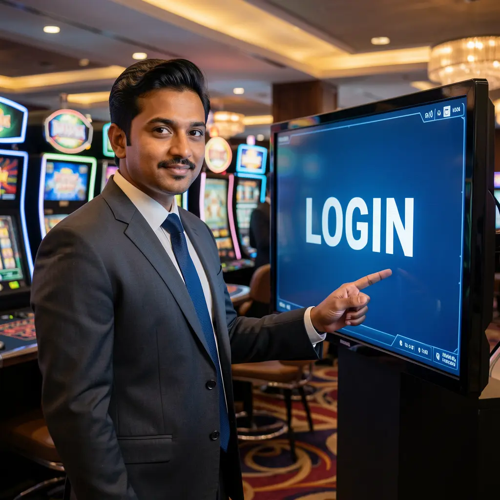 FG8 casino login screen with a professional Bangladeshi dealer pointing toward the interface in a modern digital casino setting